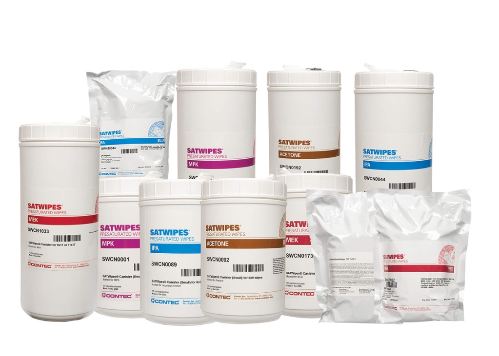 group of white SATwipes product bottles with colorful labels