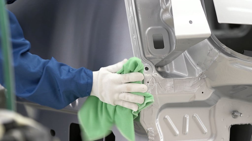 glove using green towel to wipe down car